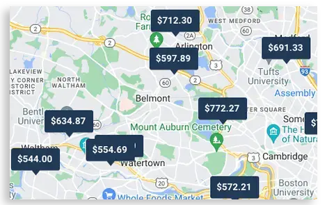 Image with markers representing mechanics in Openbay network and average prices of the estimate the customer sees