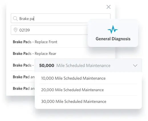 Different options for selecting services on Openbay, showing General Diagnosis